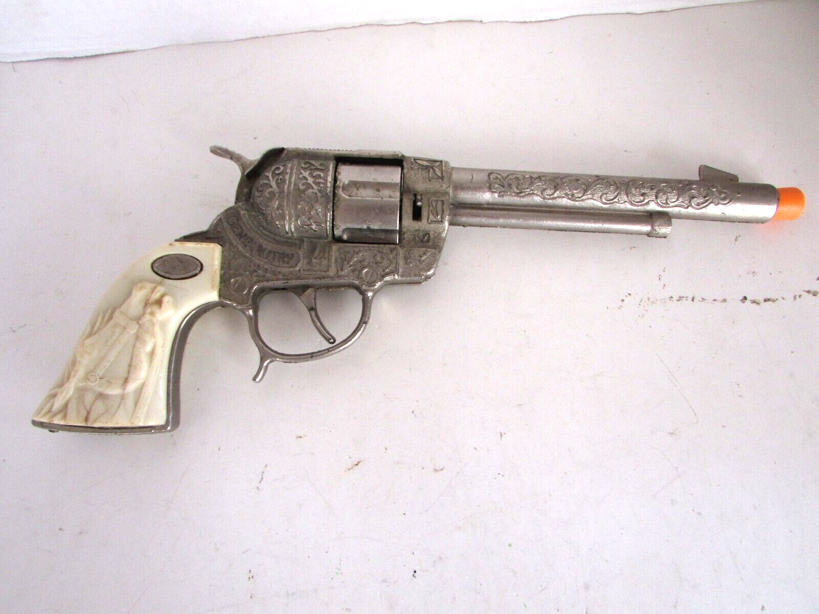 Leslie Henry Gene Autry 44 Toy Cap Gun Silver w/Ivory Handle Revolving Barrel - $74.20