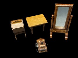 Doll House Wood Furniture Brown Standing Mirror Desk Telephone Miniatures Lot - $24.00