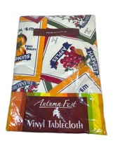 Vintage Autumn Fest New Vinyl Round Tablecloth 60” Fruit Labels Apples P... - £14.69 GBP