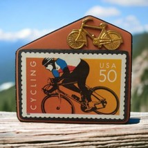 Cycling Postage Stamp Pin Bicycle Tie Tack Lapel Hat USA 50 Sports Bike Riding - £8.99 GBP