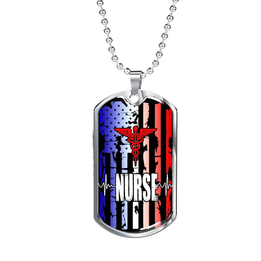 Nurse Patriotic Nurse Stainless Steel or 18k Gold Dog Tag W 24