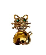 Kitty Cat Pin Brooch Rhinestones Gold Tone Metal - $29.40