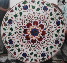 24&quot; Round Marble Table Tops Multi Stone Inlay Floral Marquetry Art Garden Decor - £742.29 GBP