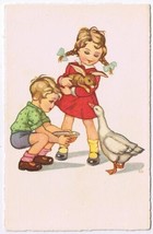 Art Deco EJO Postcard Children With Rabbit Feeding Goose Artist Signed - $2.96