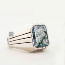 Moss Agate Ring Men&#39;s Ring 925 Sterling Silver Ring Wedding Ring Emerald Cut - £54.73 GBP
