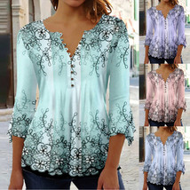 SH Ladies V Neck Button Tee Shirts Blouse Summer Floral Prints Tops Plus Size US - £5.82 GBP