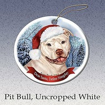 Holiday Pet Gifts White Pit Bull (Uncropped) Santa Hat Dog Porcelain Ornament - £24.20 GBP