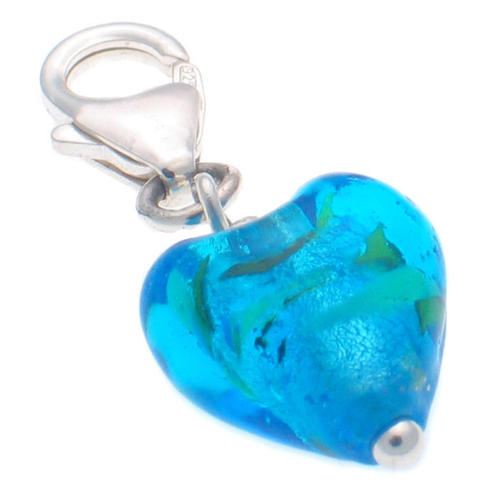 Sterling 925 Silver Welded Bliss Charm Murano Blue Venetian Glass Heart Clip On - £10.59 GBP