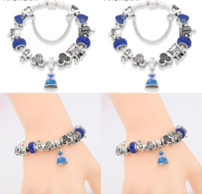 New Women’s Silver Tone Heart Blue Rhinestone Charm Bracelet - £9.47 GBP