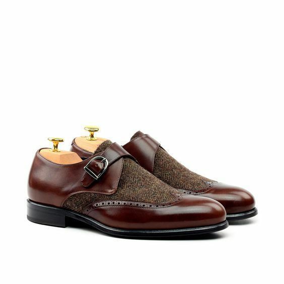 Men Brown Monk Single Buckle Strap Tweed Wing Tip Vintage Leather Shoes US 7-16