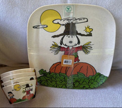 Peanuts Charlie Brown Snoopy Scarecrow Pumpkin Patch Bamboo Plates &amp; Snack Cups - £34.55 GBP