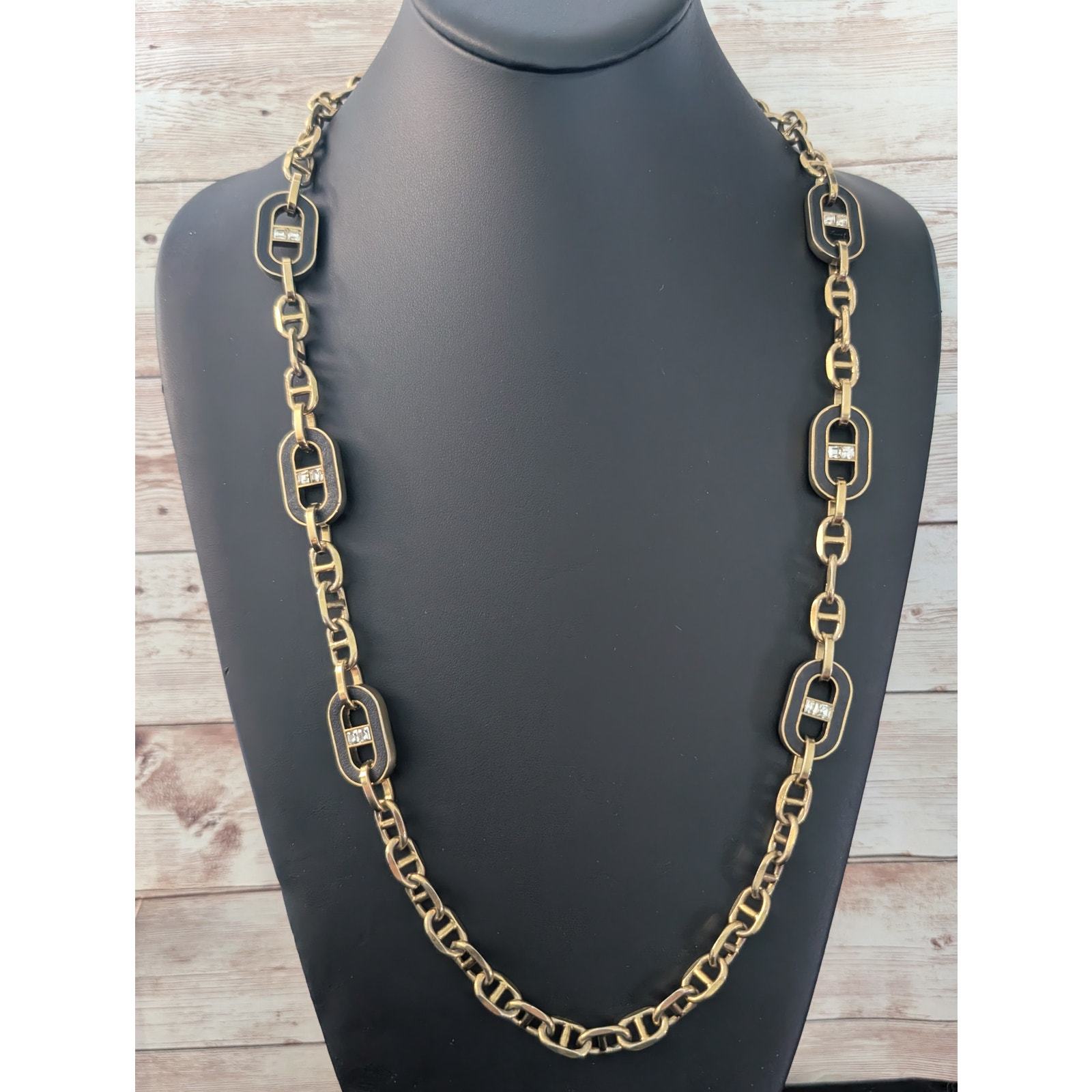 Ann Taylor Necklace Black, Gold Tone, Rhinestone Chunky Long Statement - £18.79 GBP