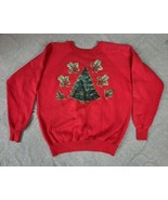 Vintage 80s Sweatshirt Sweater Sz XL Red Christmas Tree Gold Glitter Kit... - £26.62 GBP