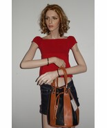 VALENTINA ITALIAN LEATHER DRAWSTRING BUCKET BAG IN BLACK/ TAN NWT  - $179.99