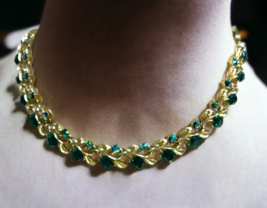 Lisner Green Rhinestone Leaf Links Gold Tone Vintage Signed Necklace 17” EUC - £89.40 GBP