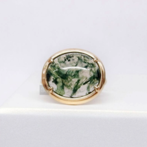 Natural Moss Agate Ring, Oval Smooth, Silver Women Ring, Delicate Ring, Stacking - £47.18 GBP