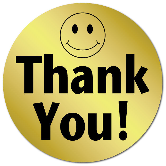 1 Inch Circle, Thank You Smiley Face Gold Foil, Roll of 50 Stickers - $9.39