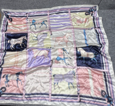 VTG Silk Polyester Scarf Equestrian Derby Horse Pink Blue Color Block 36x35 - £18.17 GBP