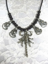Xl Pewter Scorpion Pendant &amp; 4 Small Scorpions Charms Black Beaded Adj Necklace - £25.30 GBP