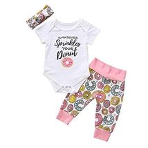 Cute Pink and White Donut Infant Onesie + Headband + Pants 3 Pcs Set Mommy Daddy - £15.65 GBP