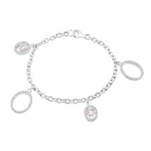 Stylish Dangling Ovals White-Pink Cubic Zirconia Sterling Silver Charm Bracelet - £27.21 GBP