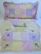 Vintage 20s Pastel Patchwork Coverlet Pillow Runner Doily Set Embroidered Flower - £136.30 GBP