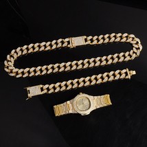 Anztilam Bling Iced Out Cuban Chain Set Necklace &amp; Watch &amp; Bracelet Paved Rhines - £39.37 GBP