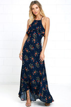 Lulus Petal Wishes Navy Blue Floral Print Ruffle Maxi Dress NWT - $26.00