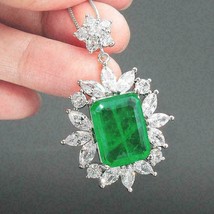 2.50 ct Halo Green Emerald Art Deco Pendant With Chain 14k White Gold Finish - £80.37 GBP