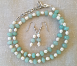Necklace 18&quot; and Earring Set Jade and Fresh Water Pearl  Womens, Girls, Gift - £19.60 GBP