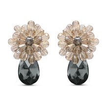 Sparkling Prism of Gray and Black Crystal Blossom and Teardrop Clip-On Earrings - $21.37