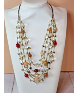 Multi-Strand Silver Tone Necklace – Amber Peach Red Beads – Glass &amp; Acrylic - $338.52 MXN