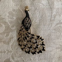 Black Enameled Peacock Brooch Pin Gold Tone Pave Clear Rhinestones - £18.99 GBP