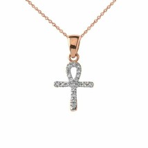 14k Solid Rose Gold Mini Diamond Ankh Cross Pendant Necklace - Minimalist - £79.72 GBP