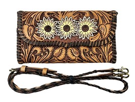 Women&#39;s Western Sunflower Tooled Laced Leather Wallet Crossbody Bag 18RSH38 - $59.39