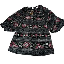 Paper Crane Black Geometric Floral Shift Dress With Bell Sleeves open Ba... - $16.60