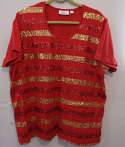 Quacker Factory Ladies RED Pullover T Shirt Top Size 2X Red &amp; Gold Sequins QVC - £19.65 GBP