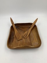Vintage Monkey Pod Wood Bowl with Wooden Fork &amp; Spoon Phillipines - $18.49