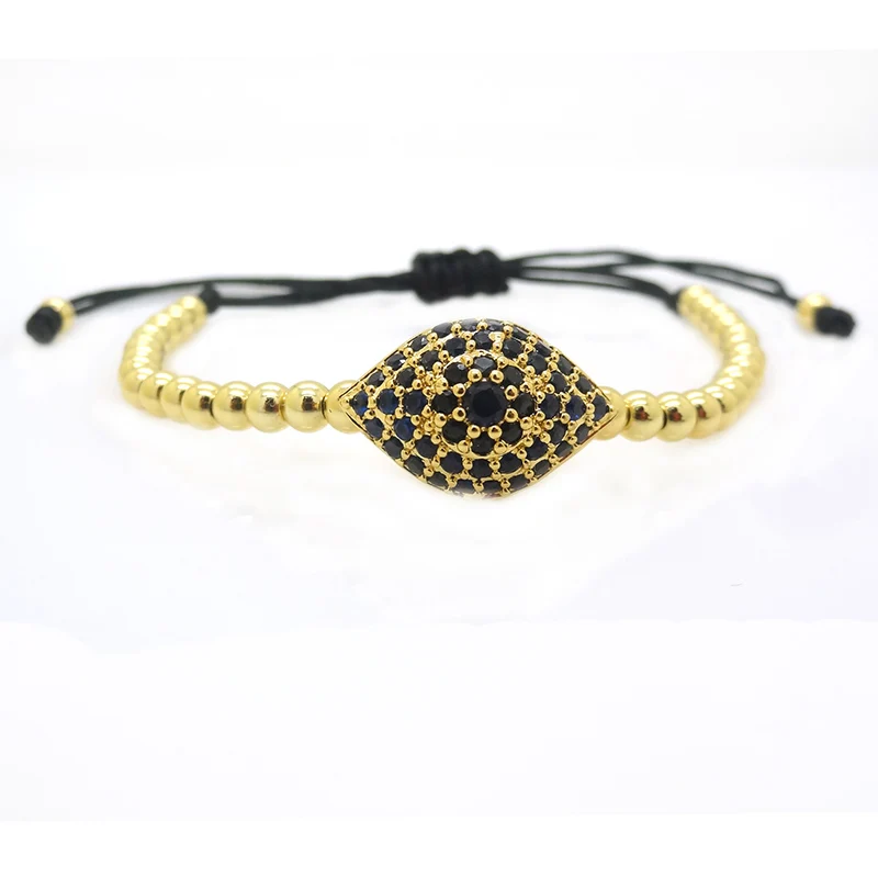 New men pumped eye bracelet pure gold color pave blue cz setting evil eye beads braided thumb200