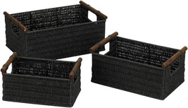 Ml-7052 Paper Rope Wicker Storage Baskets With Wood Handles |Set Of 3 |Black - $51.93