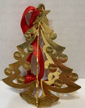 Vintage Gold Metal 3D Christmas Tree Ornament Red Ribbon 3.5 inches - £11.45 GBP