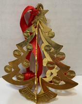 Vintage Gold Metal 3D Christmas Tree Ornament Red Ribbon 3.5 inches - £10.90 GBP