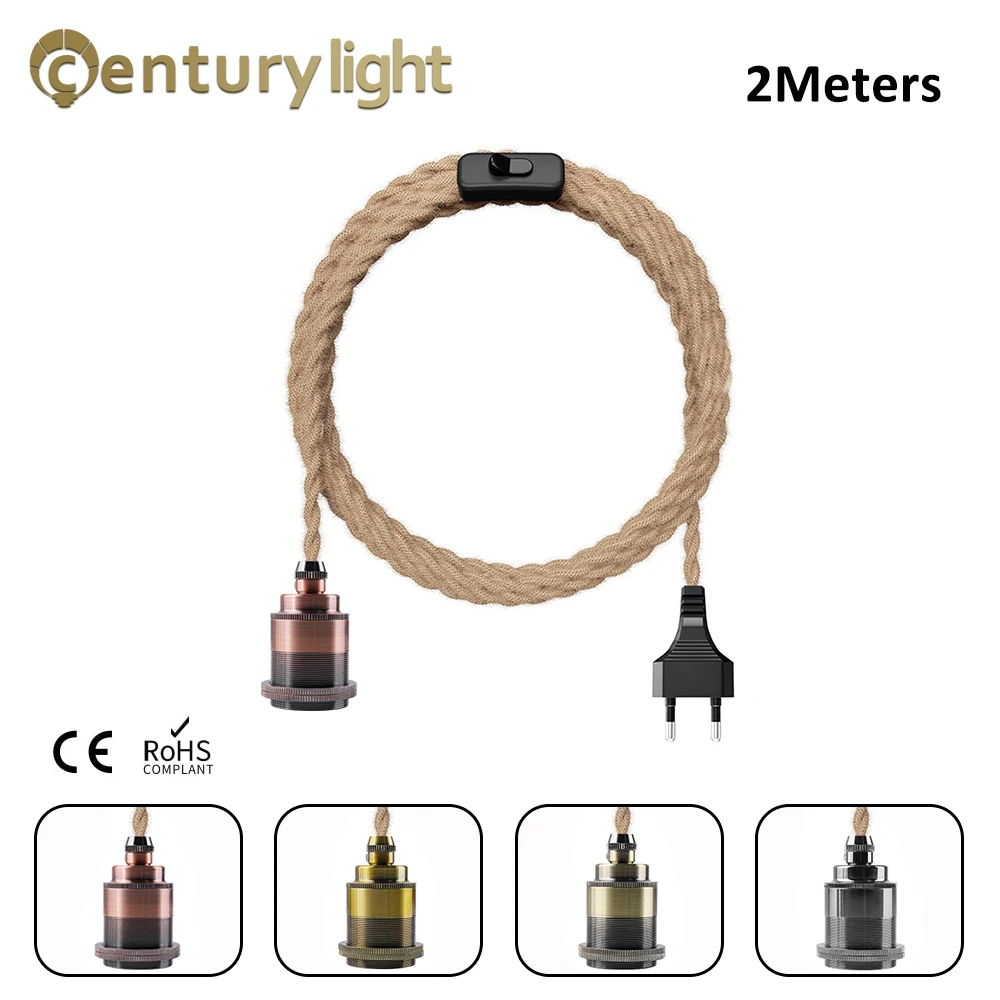 Vintage power cord pendant light 2m hemp rope cables e26 e27 lamp holder socket eu plug thumb200
