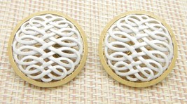 CROWN TRIFARI Gold Tone White Enamel Round Openwork Clip Earrings Vintage - $29.40