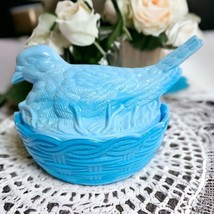 Vintage Blue Slag Glass 2 Piece Dove Bird on Nest Lidded Candy Dish Vanity Box - £23.35 GBP