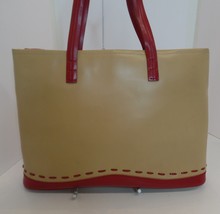 M London Italian Leather Tan &amp; Red Handbag Double Strap Large Roomy Tote Bag - £46.72 GBP