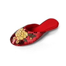 Handmade Vintage Women&#39;s Slippers Flat Heel Ladies Chinese Bling Sequins Flower  - £22.85 GBP