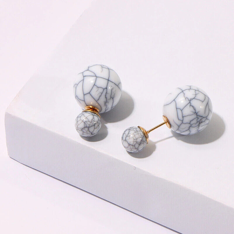 Double Sided Marble look Earring White Grey Double Ball Stud EARRINGS front back