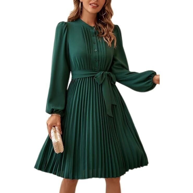 Primary image for Long Sleeve Pleated Shirt Dress L Dark Green Buttons Puff Sleeves Tie Belt NEW