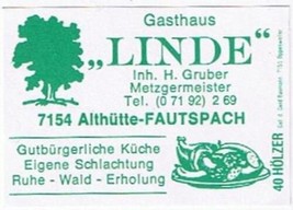 Matchbox Label Germany Gasthaus Linde Gruber Master Butcher Fautspach - £0.78 GBP